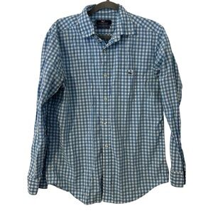 Blue Plaid Design Vineyard Vines Button Down Collared Shirt Top Men’s Medium Fit